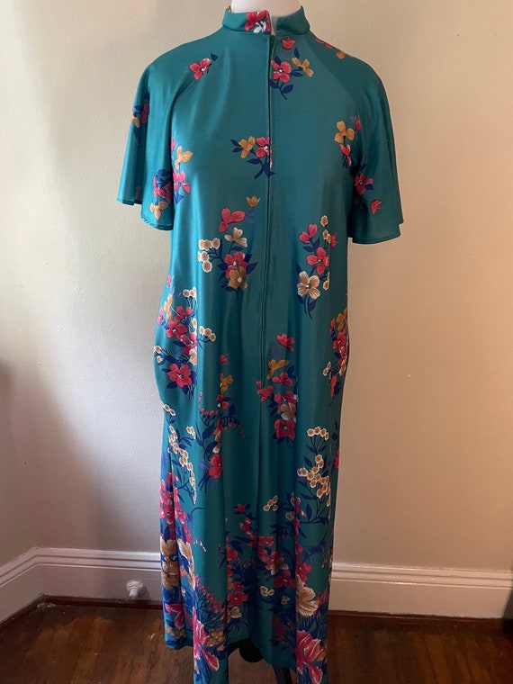 Size M - Vintage 1960s Teal Green Floral Housedre… - image 1