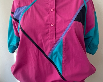 Tamanho 2XL - Camisa Vintage anos 90 Color Block Rosa com Bolsos