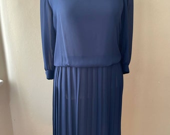 Size XL - Vintage 80s Sheer Navy Blue Secretary Dress Pleated Skirt