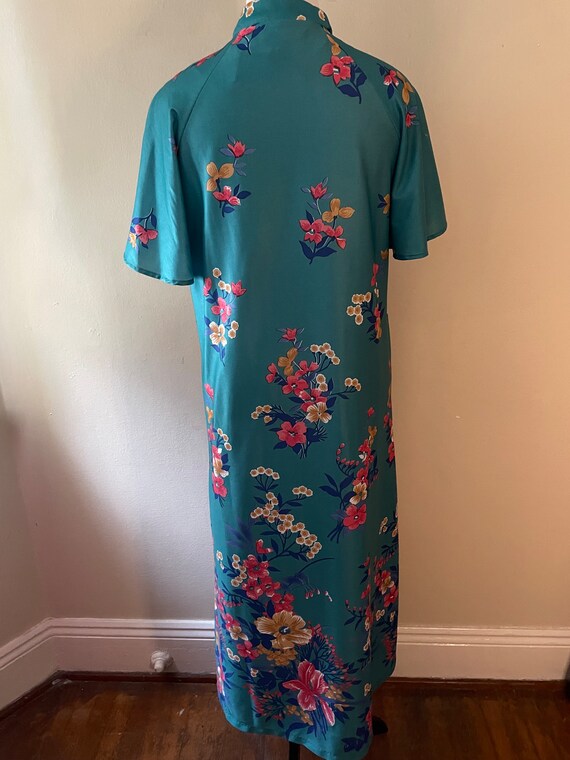 Size M - Vintage 1960s Teal Green Floral Housedre… - image 5
