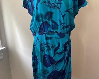 Size XL - Vintage Blue & Green Floral Silk Dress FLAWED
