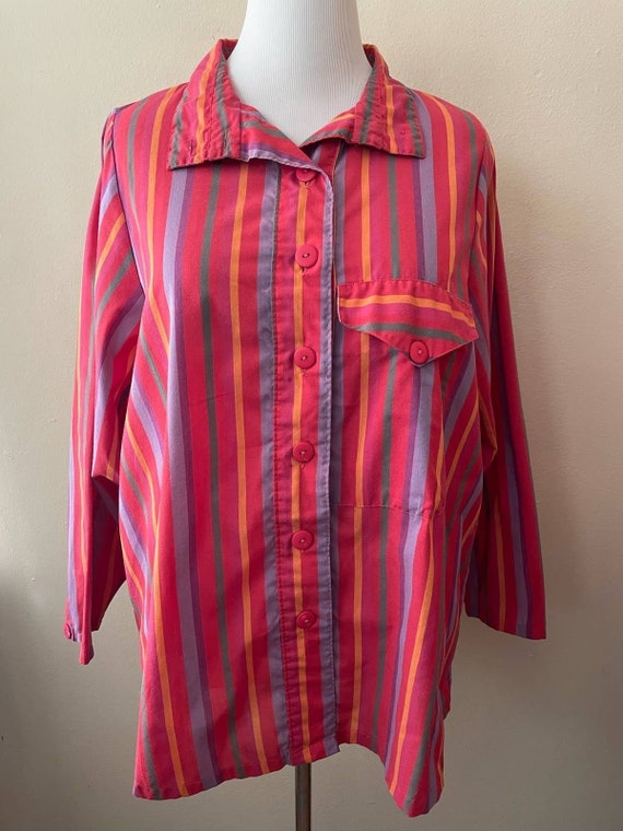 Size XL - Vintage 80s Pink Striped Button Down Bl… - image 1