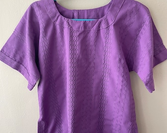 Size M - Vintage Purple Short Sleeve Shirt Geometric Woven Pattern