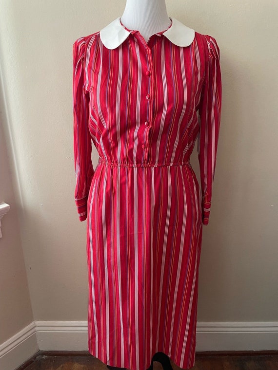Size L - Vintage 80s Red & White Striped Secretary Dress
