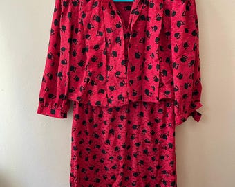 Size M - Vintage 80s Red & Black Petal Print Dress Size 8