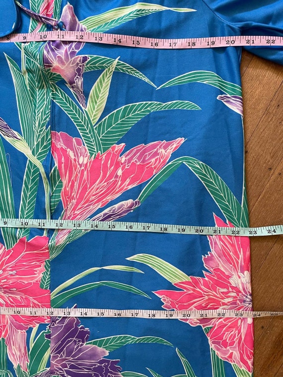 Size L - Vintage 70s Blue Floral Tropical Housedr… - image 6