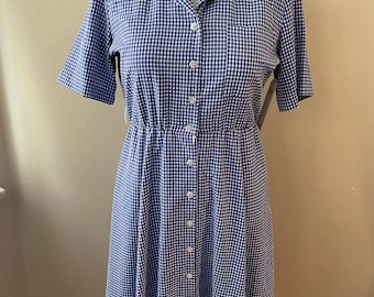 Talla M - Vestido vintage de cuadros vichy azules y blancos de los años 90