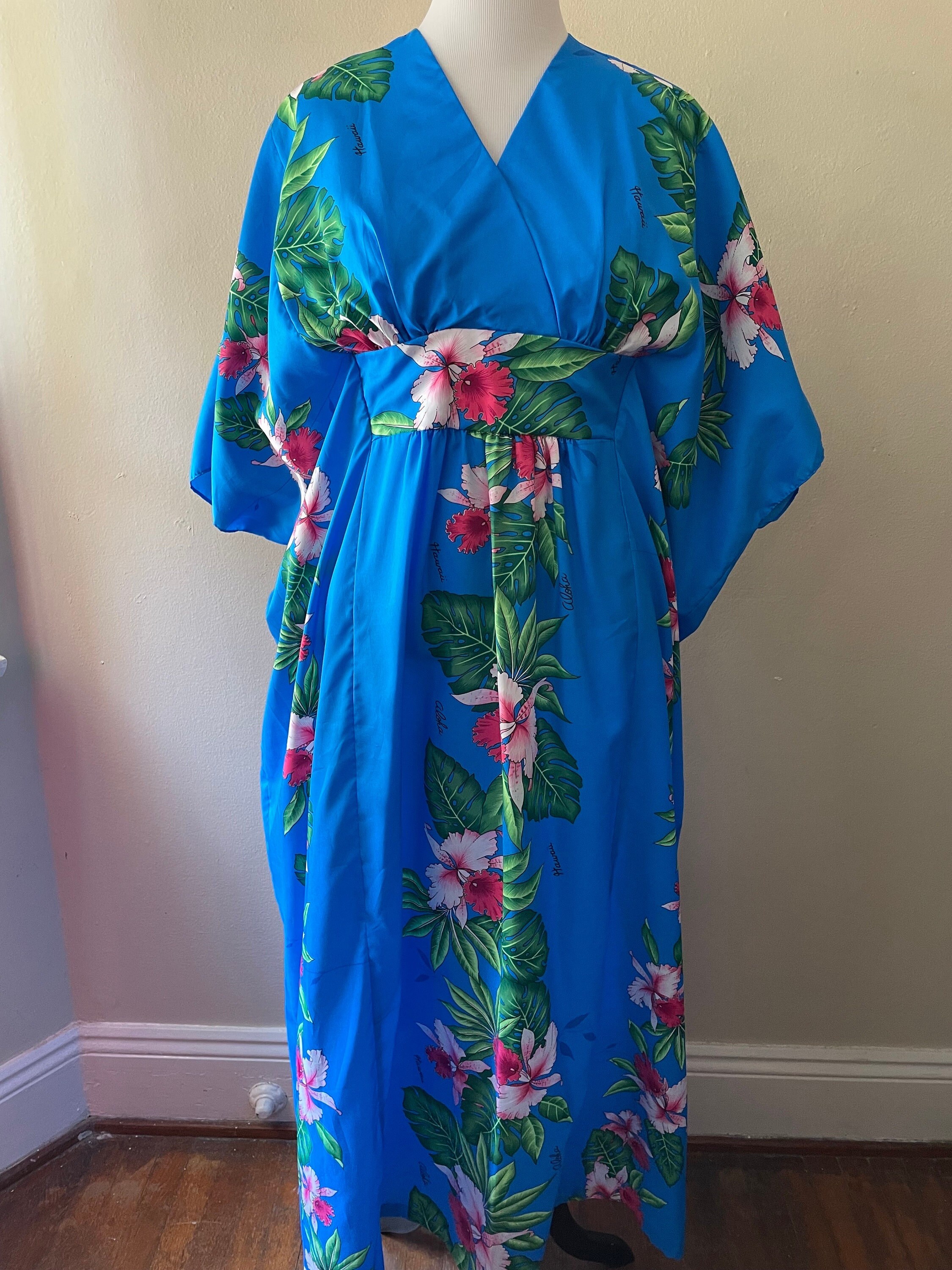 Vintage Women s Aloha Caftan Hawaiian Dress by Royal Creations Blue Pink Floral OSFM Etsy