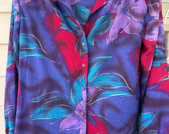Size L - Vintage 80s Purple & Blue Floral Blouse