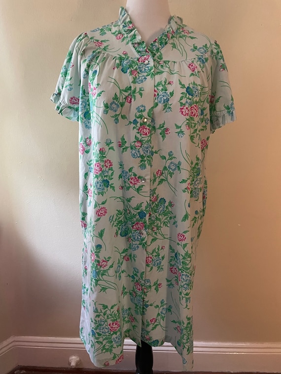 Size L - Vintage 60s Green Floral Housedress by K… - image 1