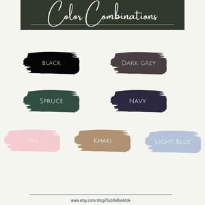 May include: Color combinations chart with eight color swatches. The colors are black, dark grey, spruce green, navy blue, pink, khaki, light blue, and white.