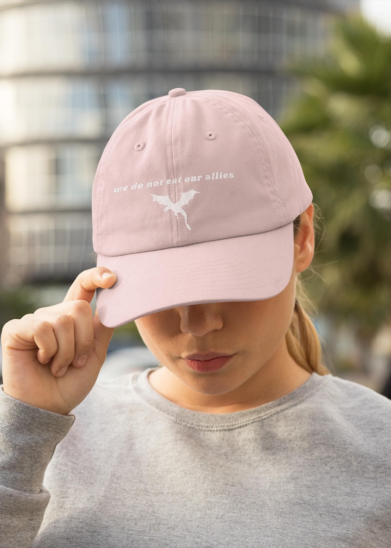 May include: A pink baseball cap with a white embroidered dragon and the text "we do not eat our allies".