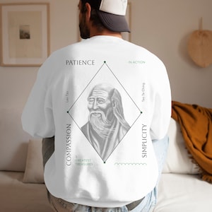 Lao Tzu Three Treasures Unisex Cotton Sweatshirt, Tao Te Ching Quote, Chinese Philosophy Wisdom, Trendy Eco Back Print, Taoist Gift