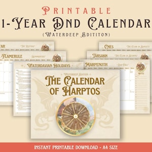 Op de afbeelding: Printbare Dungeons & Dragons-kalender met een drakenontwerp en een wiel met de maanden van de Waterdeep-kalender. De kalender is gelabeld "The Calendar of Harptos, Waterdeep Edition".