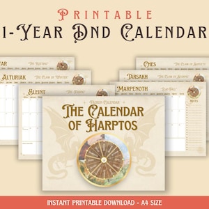 Op de afbeelding: Printbare Dungeons and Dragons-kalender met een jaarlijkse kalender met een drakenontwerp en een rad van fortuin. De kalender is verdeeld in 12 maanden, elk met zijn eigen naam en beschrijving. Het rad van fortuin is verdeeld in 12 secties, die elk een andere maand vertegenwoordigen. De kalender is bedoeld voor Dungeons and Dragons-spelers en game masters.