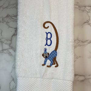 hand towel- Bath decor, embroidery, Chinoiserie, monogram, Monkey with initial