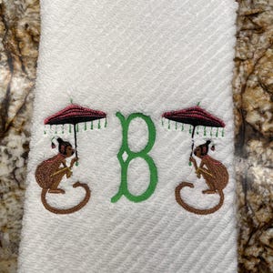 hand towel- Bath decor, embroidery, Chinoiserie, monogram, Monkey with parasol
