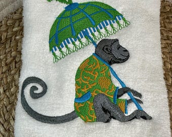 hand towel- Bath decor, embroidery, Chinoiserie, gray monkey, parasol green/blue