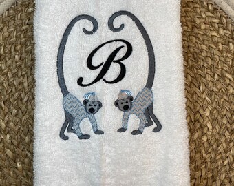 hand towel- Bath decor, embroidery, Chinoiserie, monogram, double  Monkey with initial, custom colors