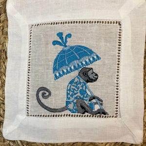 cocktail napkin set, embroidery, Chinoiserie, monkey with parasol, Grandmillennial