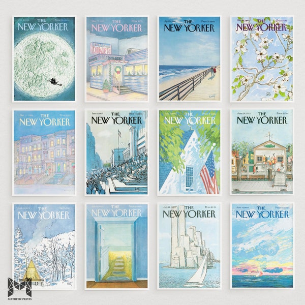 Set of 12 Blue Vintage The New Yorker Wall Art | Vintage Magazine Cover Posters | Aesthetic Old Blue Cartoon Magazine Collage Set | DIGITAL