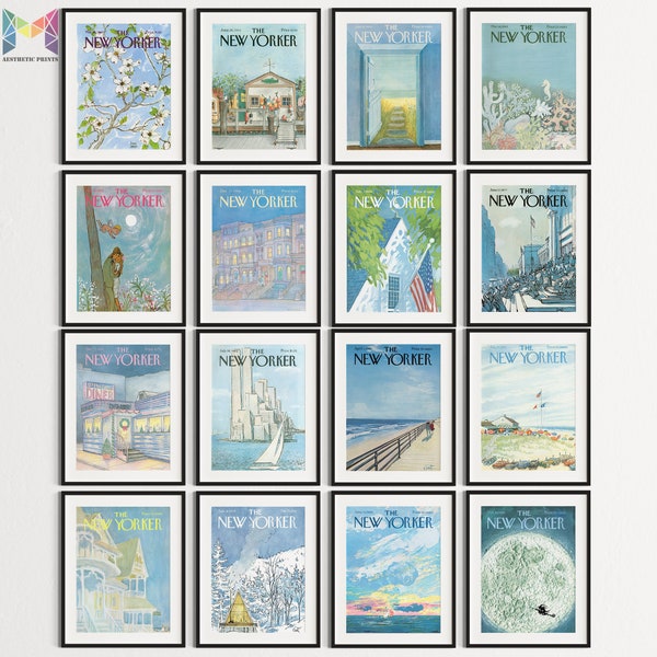 Set of 16 Blue Vintage The New Yorker Wall Art | Vintage Magazine Cover Posters | Aesthetic Retro Magazine Cover Collage Room Decor -DIGITAL