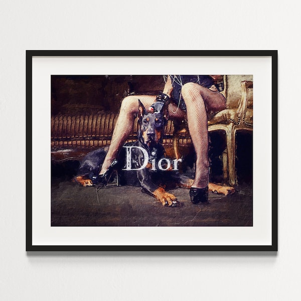 Fashion Girl et Doberman Poster | Art mural esthétique noir et blanc | Chambre de luxe Décor | Photo imprimable avec peinture à l’huile Look | NUMÉRIQUE