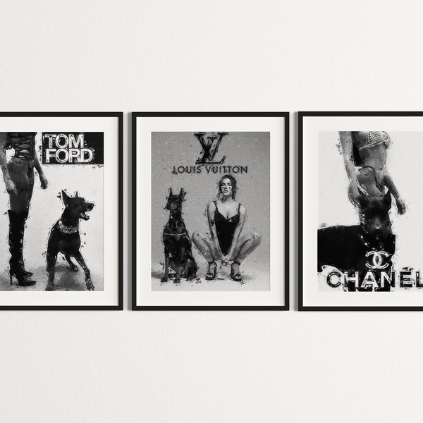 Black & White Luxury Fashion Poster Set of 3 | Doberman Aesthetic Wall Art | Dog Room Decor | Printable Photo With Oil Painting Look DIGITAL