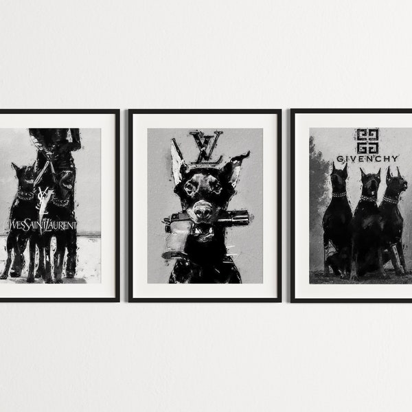 Luxury Fashion Doberman Poster Set of 3 Black & White Aesthetic Wall Art | Dog Room Decor | Printable Photo With Oil Painting Look DIGITAL