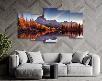 Mountains Landscape at Federa Lake 5 Piece Canvas Wall Art, Large Framed 5 Panel Canvas Wall Art, Extra Large Framed Canvas Wall Art Modern