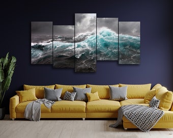 Blue Ocean Waves Black White 5 Pieces Canvas Wall Art, Large Framed 5 Panel Canvas Wall Art, Extra Large Framed Canvas Wall Art, Modern Art