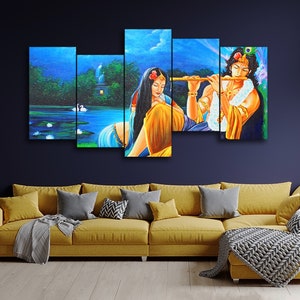 Hindu Lord Radha Krishna 5 Pieces Canvas Wall Art, Large Framed 5 Panel Canvas Wall Art, Extra Large Framed Canvas Wall Art, Modern Abstract