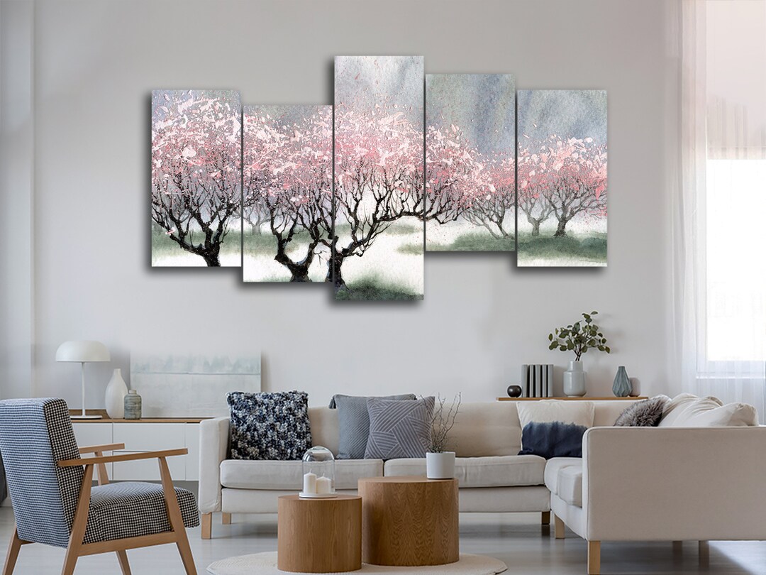 Asian Style Cherry Blossom 5 Pieces Canvas Wall Art, Large Framed 5 ...