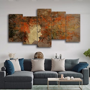 Girl with Dark Red Hair 5 Pieces Canvas Wall Art, Large Framed 5 Panel Canvas Wall Art, Extra Large Framed Canvas Wall Art, Modern Abstract