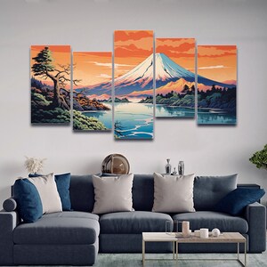 Painting Fuji Mountain 5 Pieces Canvas Wall Art, Large Framed 5 Panel Canvas Wall Art, Extra Large Framed Canvas Wall Art, Modern Abstract