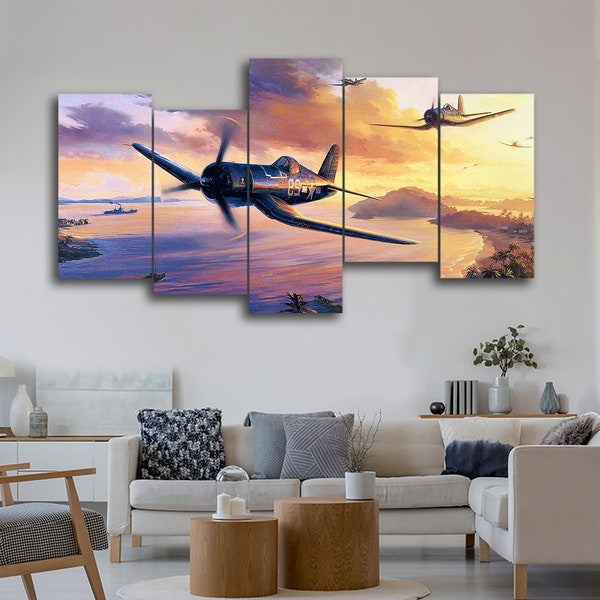 Vought F4U Corsair on the Beach 5 Pieces Canvas Wall Art, Large Framed 5 Panel Canvas Wall Art, Extra Large Framed 5 Panel Canvas Wall Art