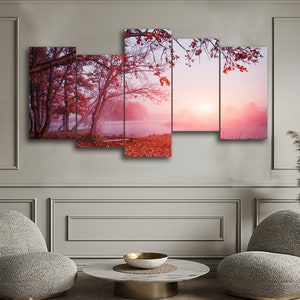 Red Autumn Foggy Morning 5 Pieces Canvas Wall Art, Large Framed 5 Panel Canvas Wall Art, Extra Large Framed 5 Pieces Canvas Wall Art Modern
