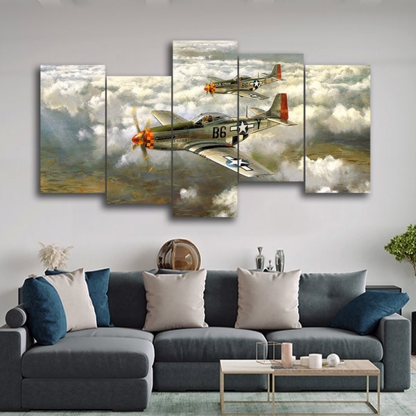 P-51D Mustang, B6-S WWII Airplane 5 Pieces Canvas Wall Art, Large Framed 5 Panel Canvas Wall Art, Extra Large Framed 5 Panel Canvas Wall Art