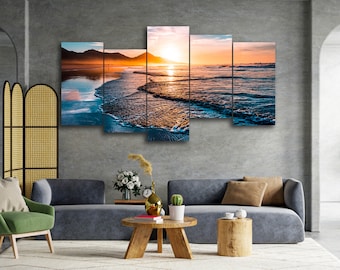 Amazing Beach Sunset with Endless Horizon 5 Piece Canvas Wall Art, Large Framed 5 Panel Canvas Wall Art, Extra Large Framed Canvas Wall Art