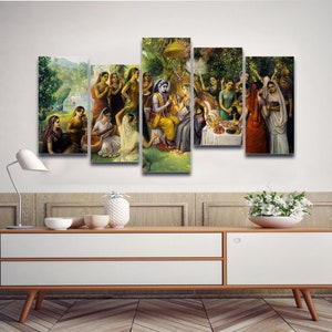 Radha Krishna and The Gopis 5 Pieces Canvas Wall Art, Large Framed 5 Panel Canvas Wall Art, Extra Large Framed Canvas Wall Art, Modern Art