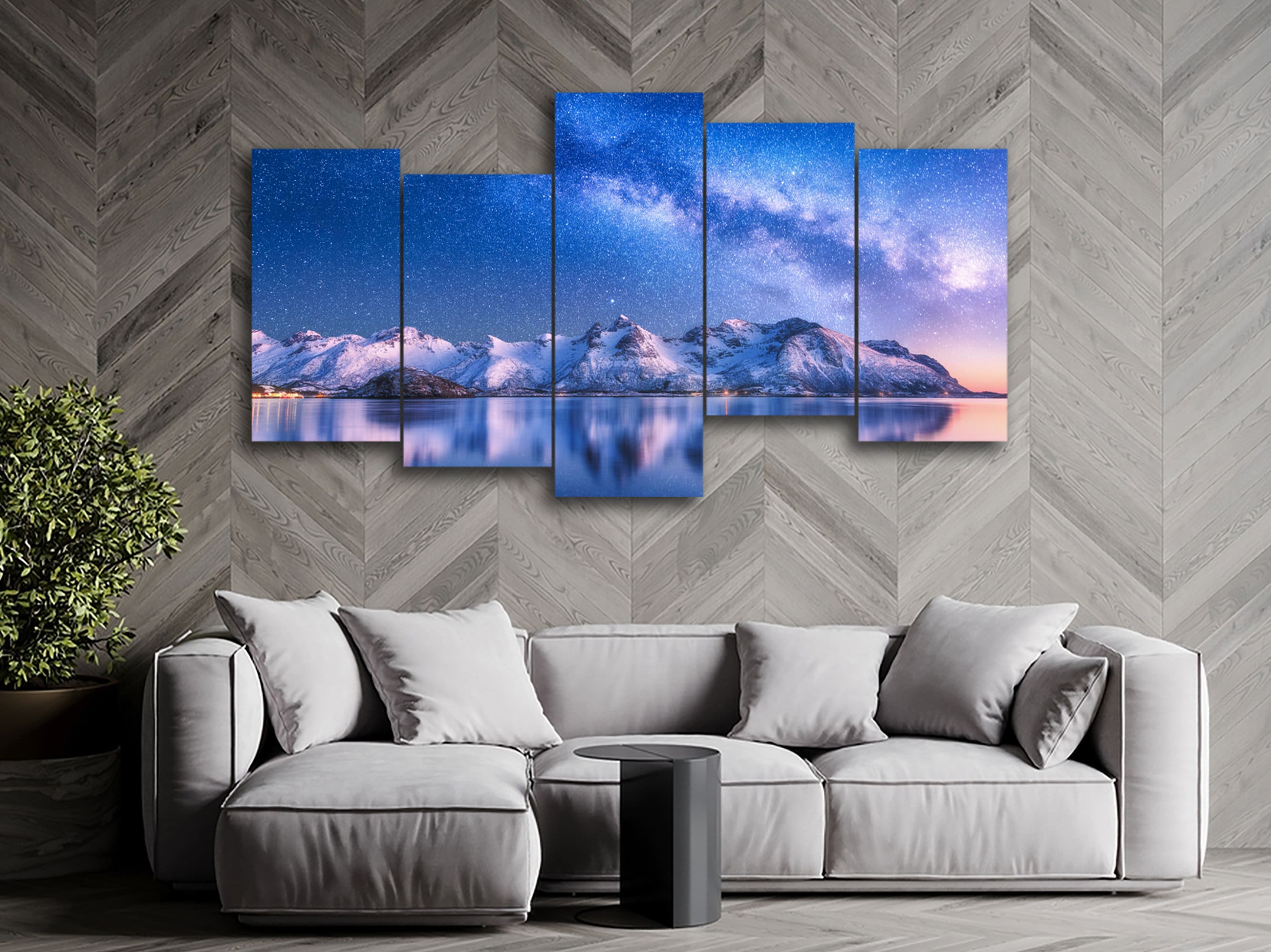 Bright Milky Way Snow Covered Mountain 5 Pieces Canvas Wall Art