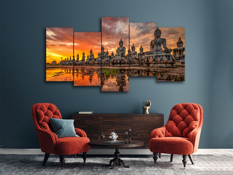 Statue Buddha at Sunset 5 Pieces Canvas Wall Art, Large Framed 5 Panel ...
