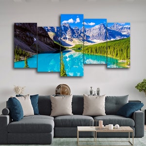 Mountain Lake in Alpine Nature 5 Piece Canvas Wall Art, Large Framed 5 Panel Canvas Wall Art, Extra Large Framed Canvas Wall Art, Modern Art