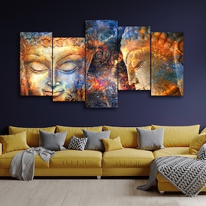 Lord Buddha Multicolor Psychedelic 5 Pieces Canvas Wall Art, Large Framed 5 Panel Canvas Wall Art, Extra Large Framed Canvas Wall Art Modern