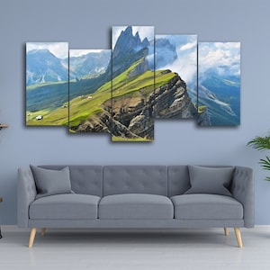 Odle Mountains in Funes Valley 5 Pieces Canvas Wall Art, Large Framed 5 Panel Canvas Wall Art, Extra Large Framed 5 Pieces Canvas Wall Art