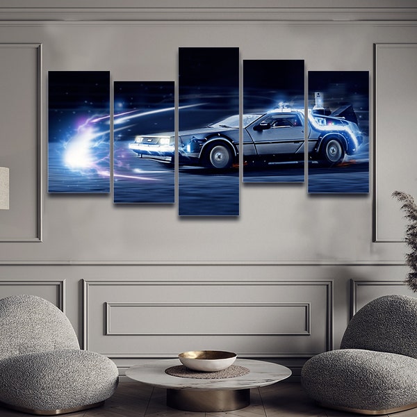 DeLorean DMC-12 Back Future 5 Pieces Canvas Wall Art, Large Framed 5 Panel Canvas Wall Art, Extra Large Framed Canvas Wall Art, Modern Art