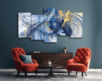 May include: Abstract art print with blue and yellow swirls. The print is divided into five panels, creating a modern and contemporary look.