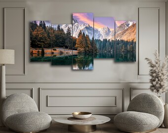Autumn Landscape Fusine Lake 5 Piece Canvas Wall Art, Large Framed 5 Panel Canvas Wall Art, Extra Large Framed Canvas Wall Art, Modern Art
