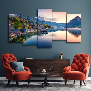 Sunrise on Grundlsee Lake 5 Piece Canvas Wall Art, Large Framed 5 Panel Canvas Wall Art, Extra Large Framed Canvas Wall Art, Modern Abstract