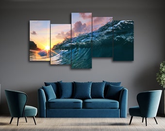 Blue Ocean Surfing Wave 5 Pieces Canvas Wall Art, Large Framed 5 Panel Canvas Wall Art, Extra Large Framed 5 Panel Canvas Wall Art Modern
